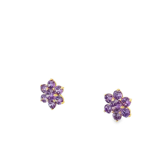 14K Yellow Gold Purple Stone Flower Baby Stud Earrings