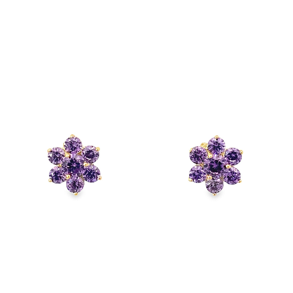14K Yellow Gold Purple Stone Flower Baby Stud Earrings