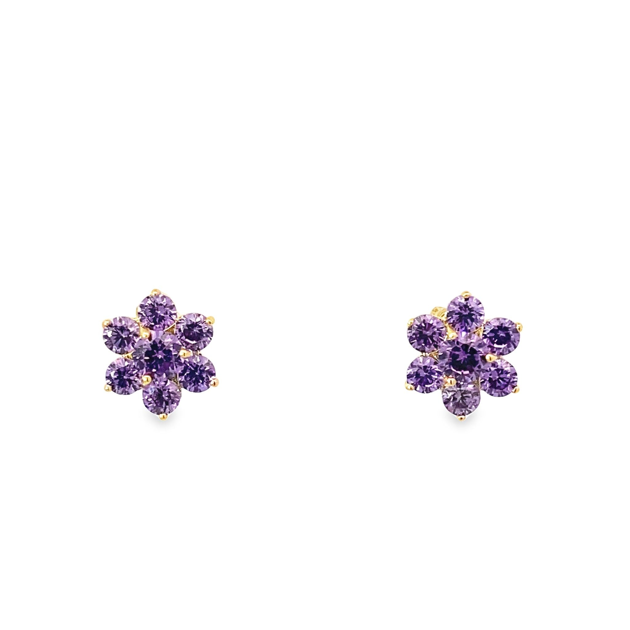 14K Yellow Gold Purple Stone Flower Baby Stud Earrings
