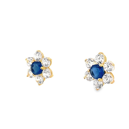 14K Yellow Gold Cz & Blue Stone Flower Baby Stud Earrings