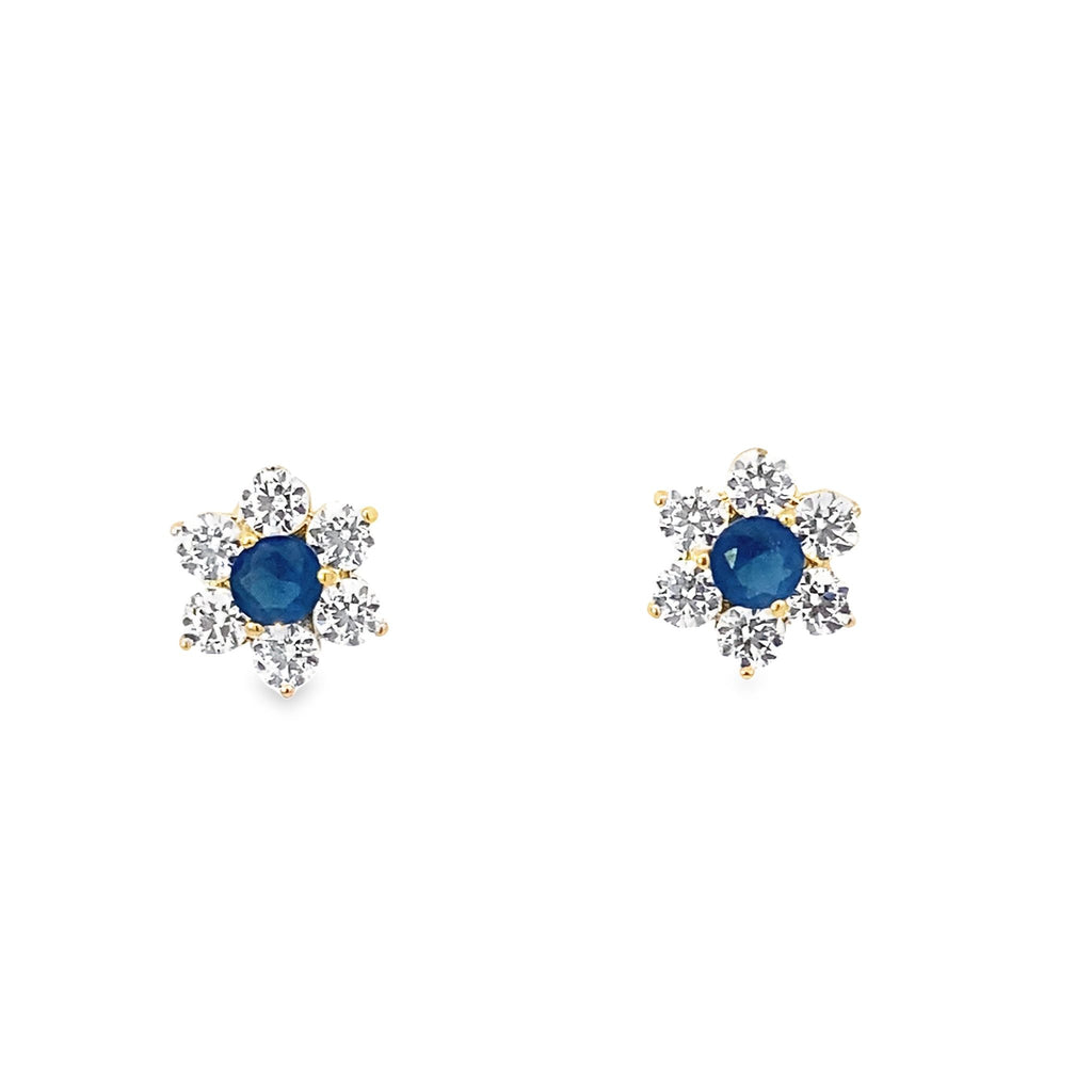 14K Yellow Gold Cz & Blue Stone Flower Baby Stud Earrings