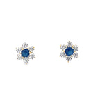 14K Yellow Gold Cz & Blue Stone Flower Baby Stud Earrings