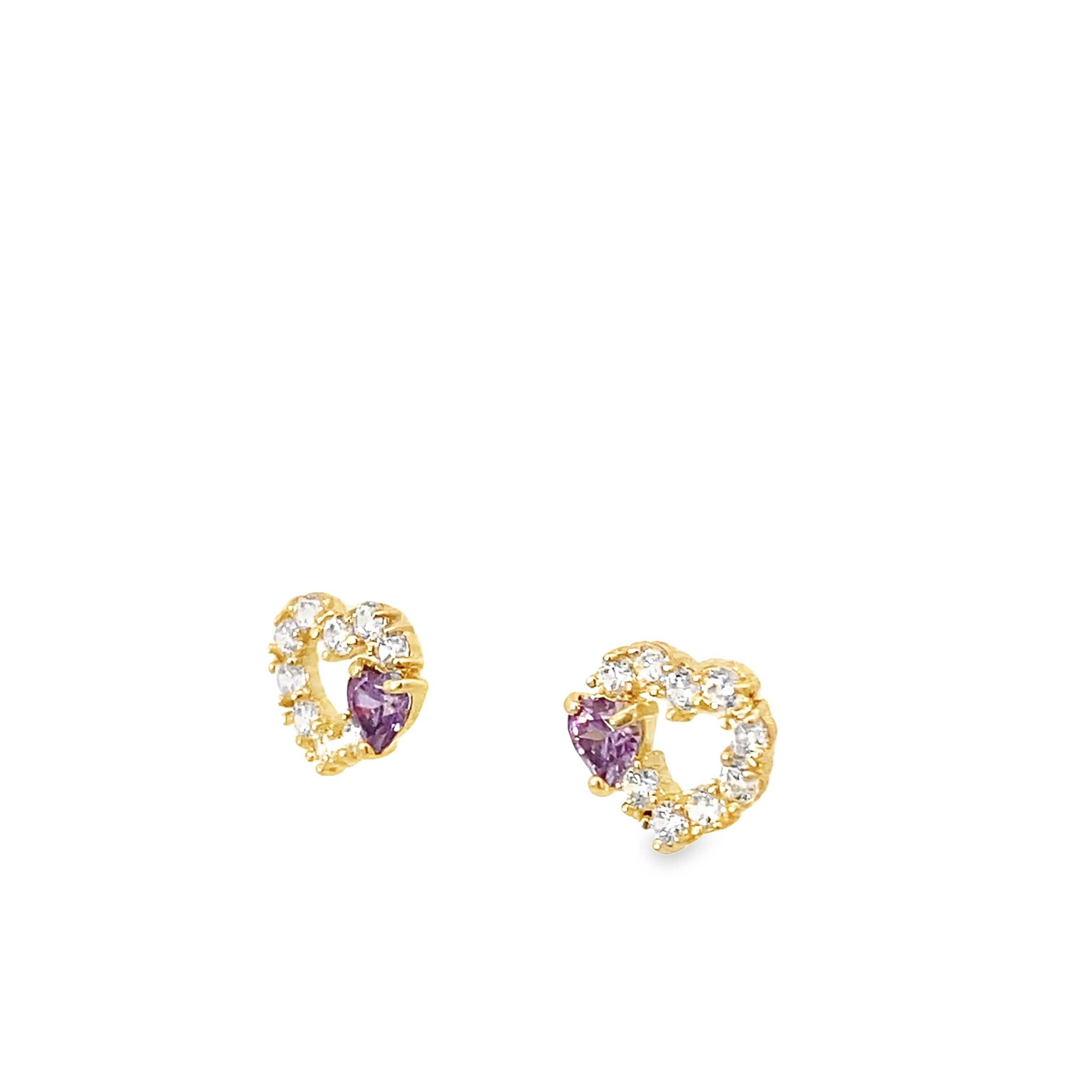 14K Yellow Gold Cz & Purple Stone Heart Baby Stud Earrings