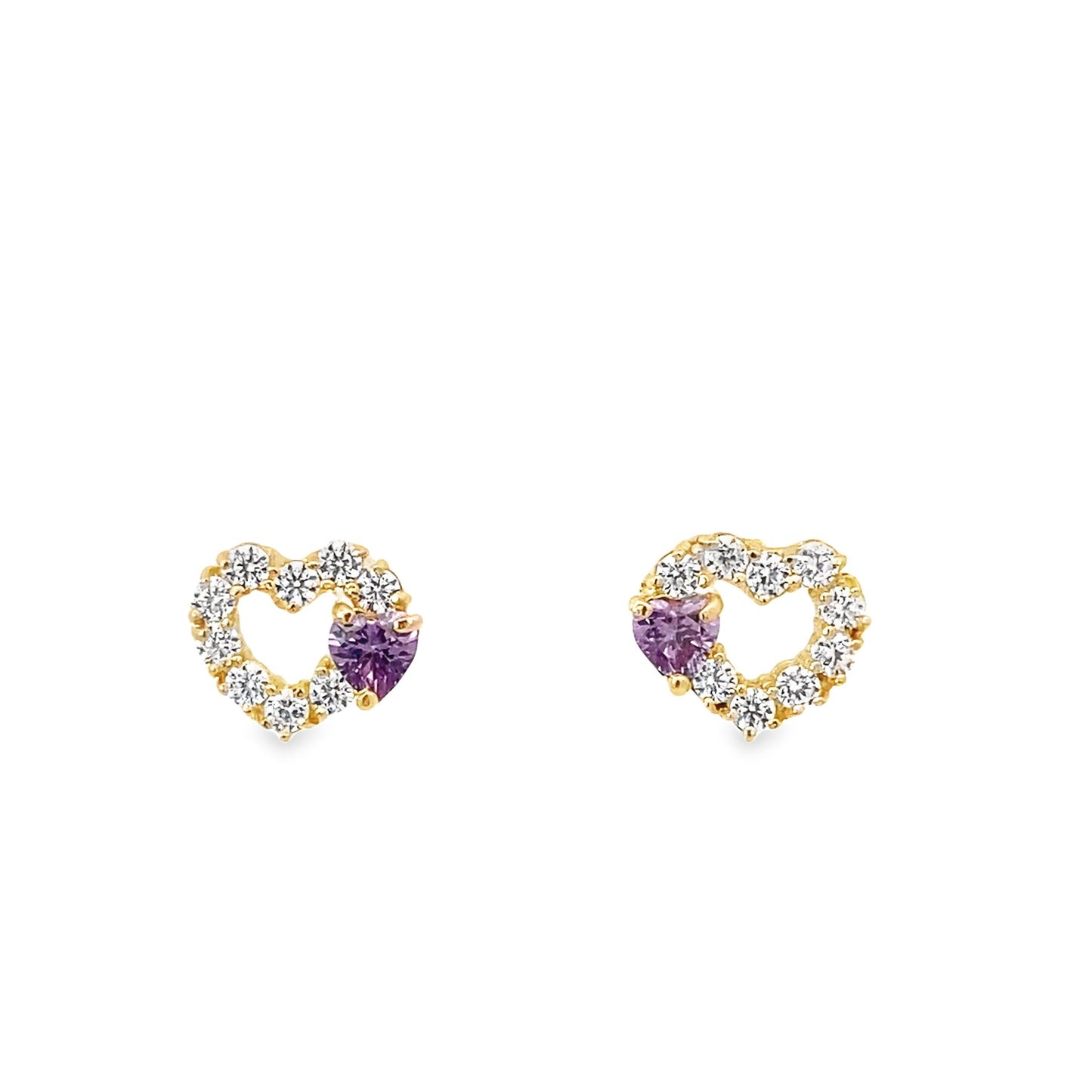 14K Yellow Gold Cz & Purple Stone Heart Baby Stud Earrings