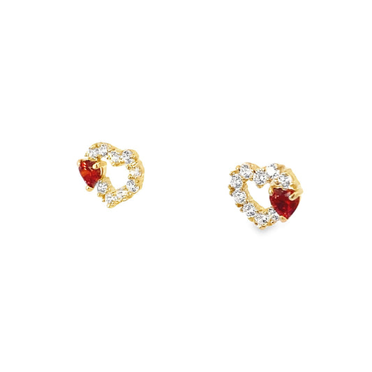 14K Yellow Gold Cz & Red Stone Heart Baby Stud Earrings