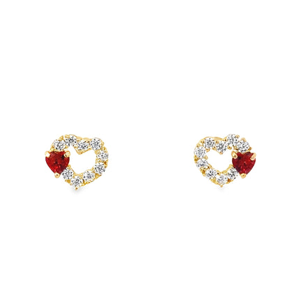 14K Yellow Gold Cz & Red Stone Heart Baby Stud Earrings