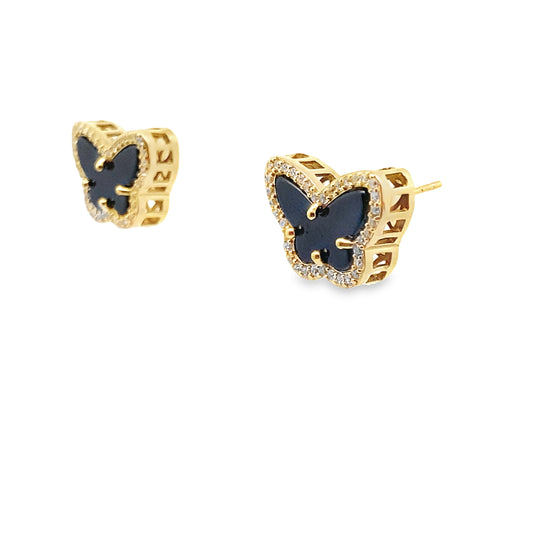 14K Yellow Gold Onyx & Cz Butterfly Earrings 3.8Dwt