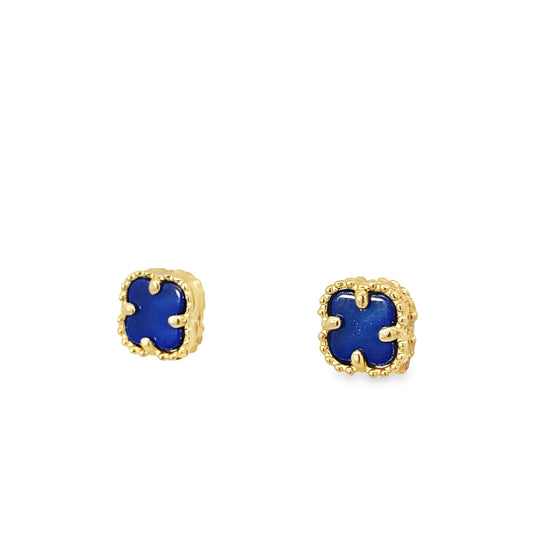 14K Yellow Gold Small Royal Blue Flower Stud Earrings 1.0Dwt