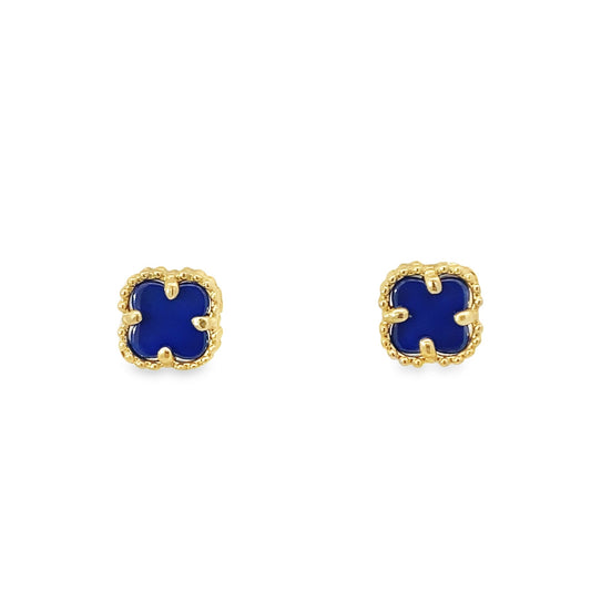 14K Yellow Gold Small Royal Blue Flower Stud Earrings 1.0Dwt
