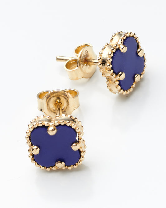 14K Yellow Gold Royal Blue Flower Stud Earrings 1.3Dwt