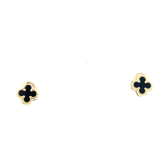14K Yellow Gold Small Onyx Flowers Earrings