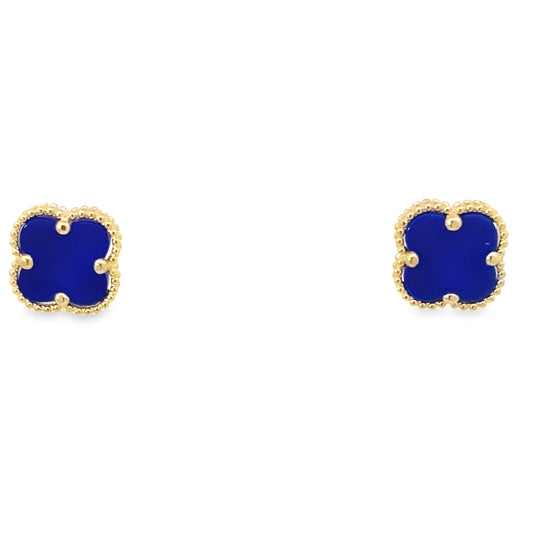 10K Yellow Gold Royal Blue Stones Flowers Earrings 1.5Dwt