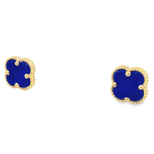 10K Yellow Gold Royal Blue Stones Flowers Earrings 1.5Dwt