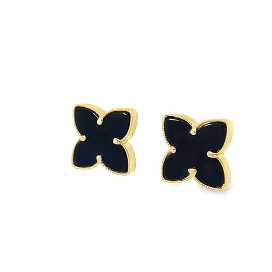 10K Yellow Gold Onyx Flowers Earrings