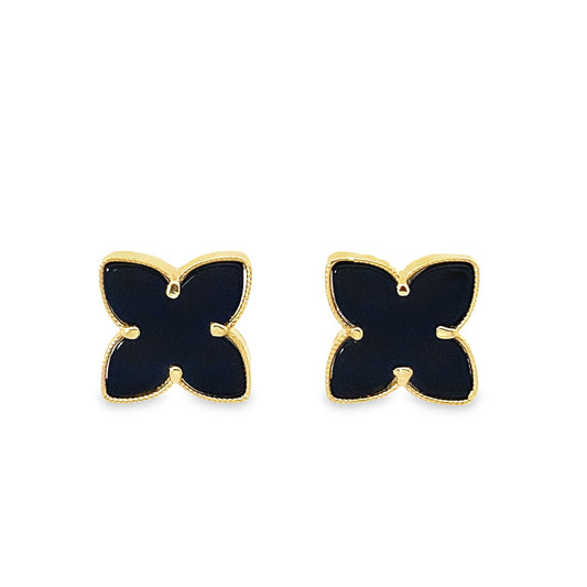 10K Yellow Gold Onyx Flowers Earrings