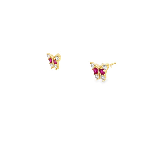 14K Yellow Gold Red Stone & Cz Butterflies Earrings 1.3Dwt