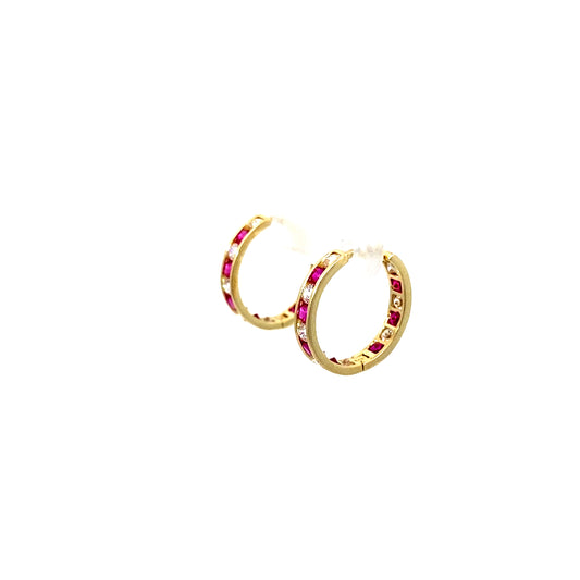 14K Yellow Gold Cz Red Stones Small Hoops 1.2Dwt