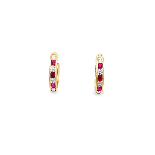 14K Yellow Gold Cz Red Stones Small Hoops 1.2Dwt