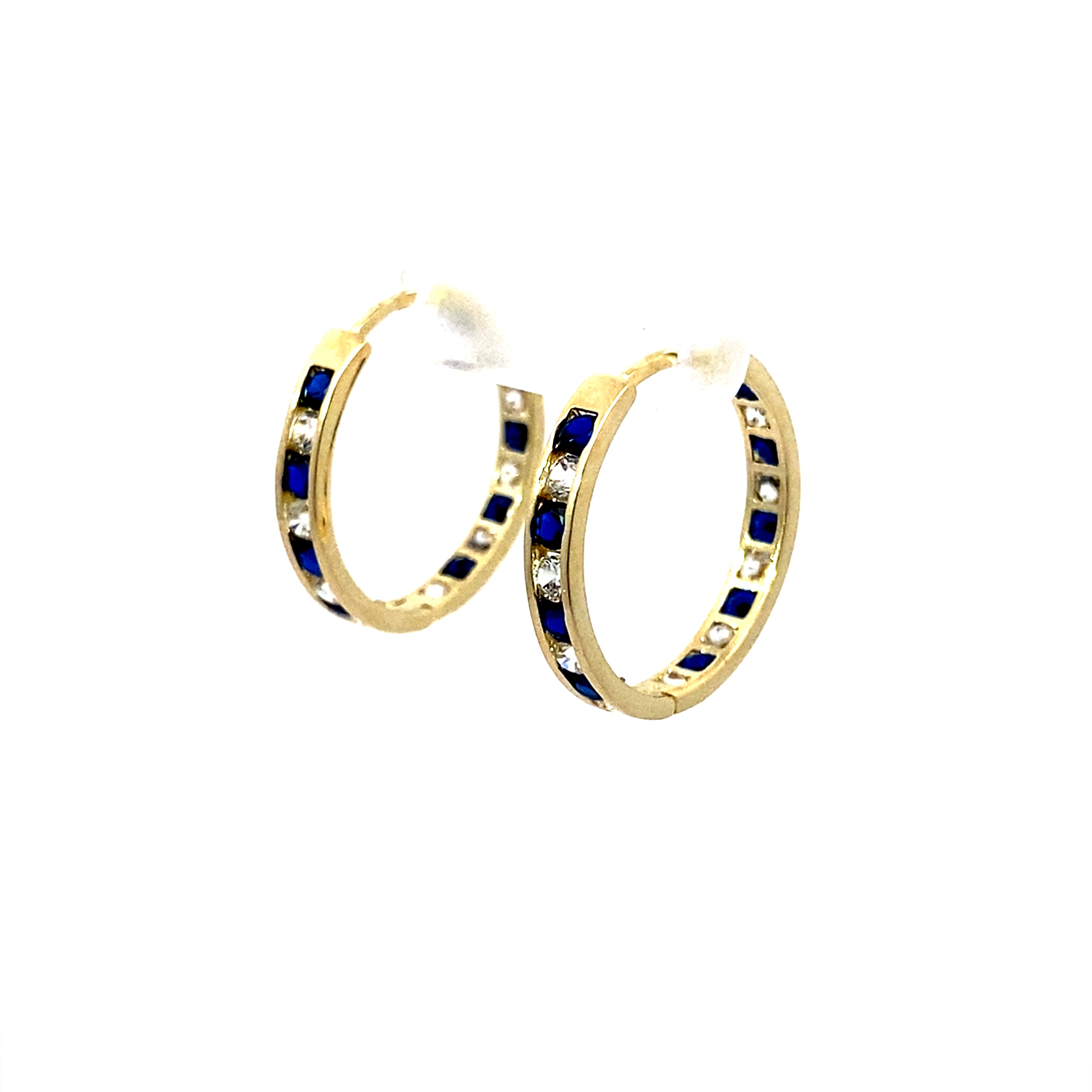 14K Yellow Gold Cz Blue Stones Medium Hoops 1.6Dwt