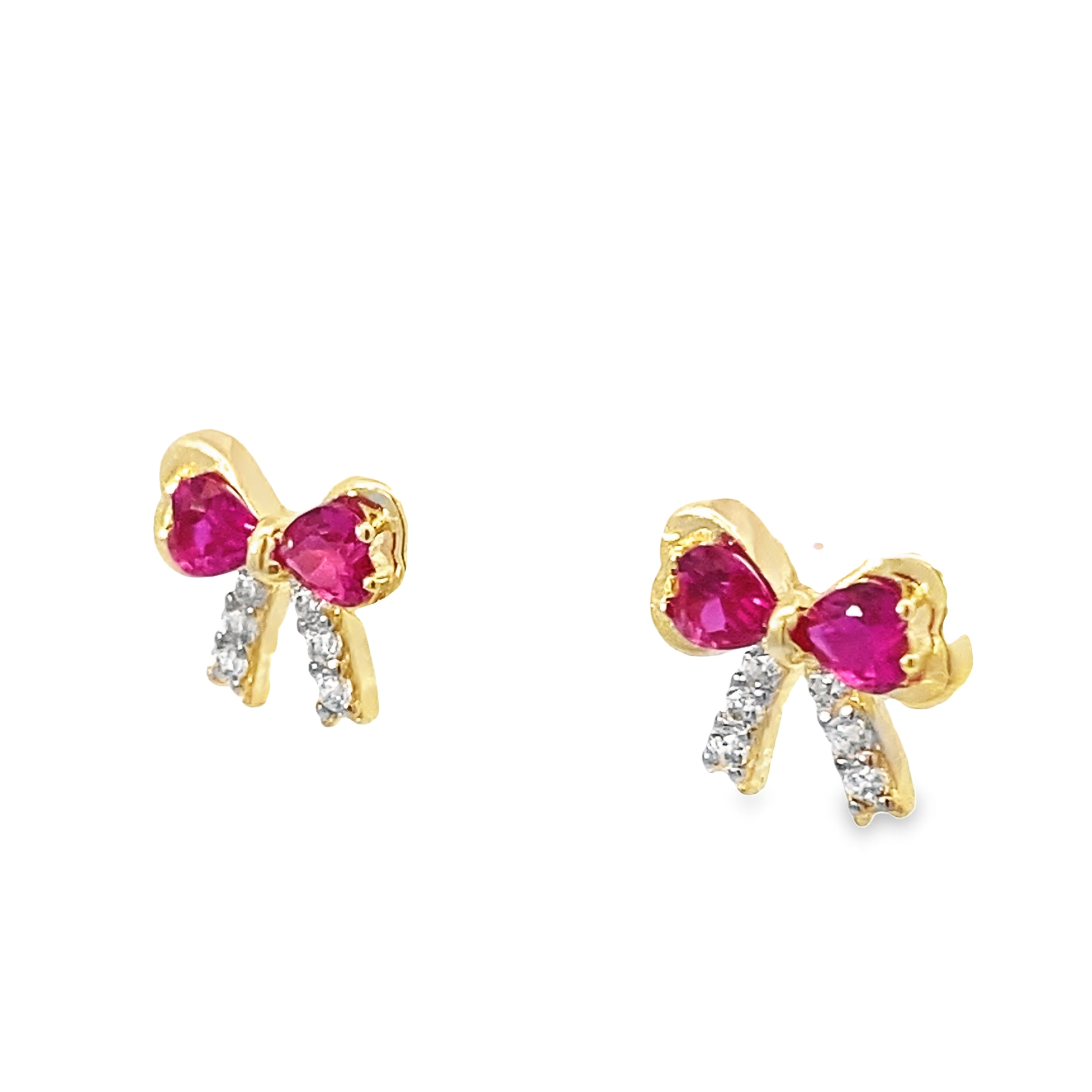 14K Yellow Gold Cz Red Ribbon Earrings 0.8Dwt
