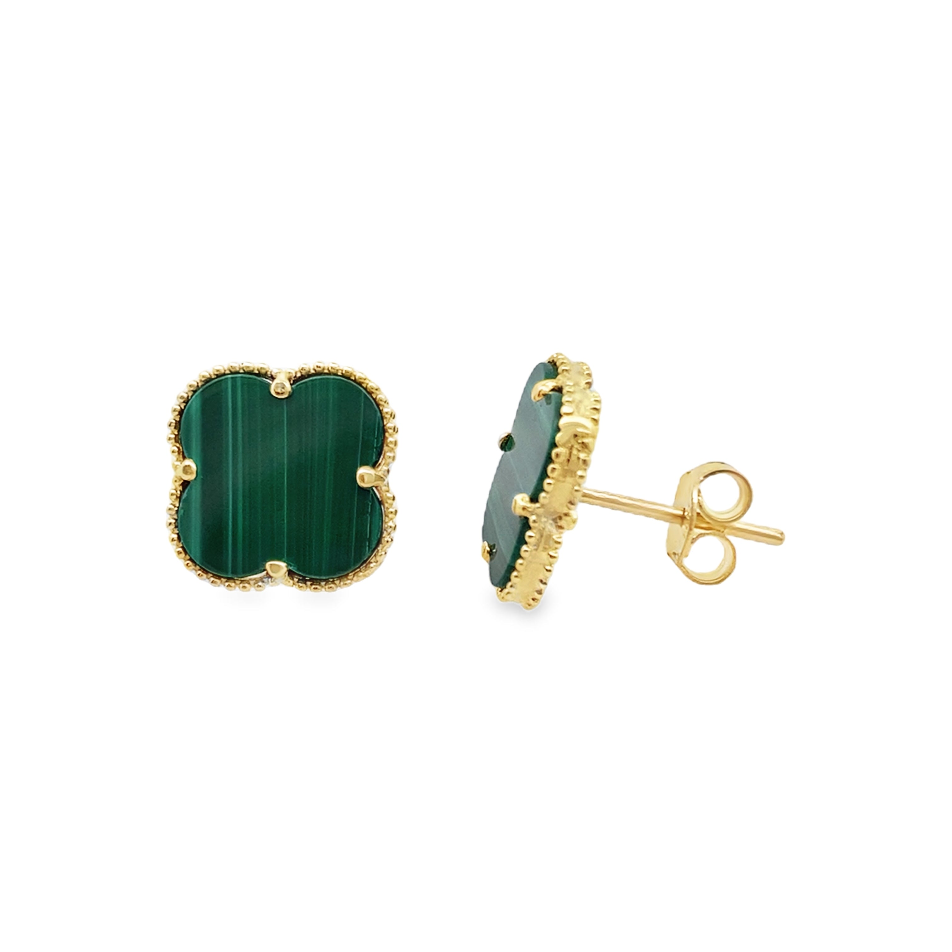 10K Yellow Gold Small Green Flowers Stud Earrings 1.0Dwt