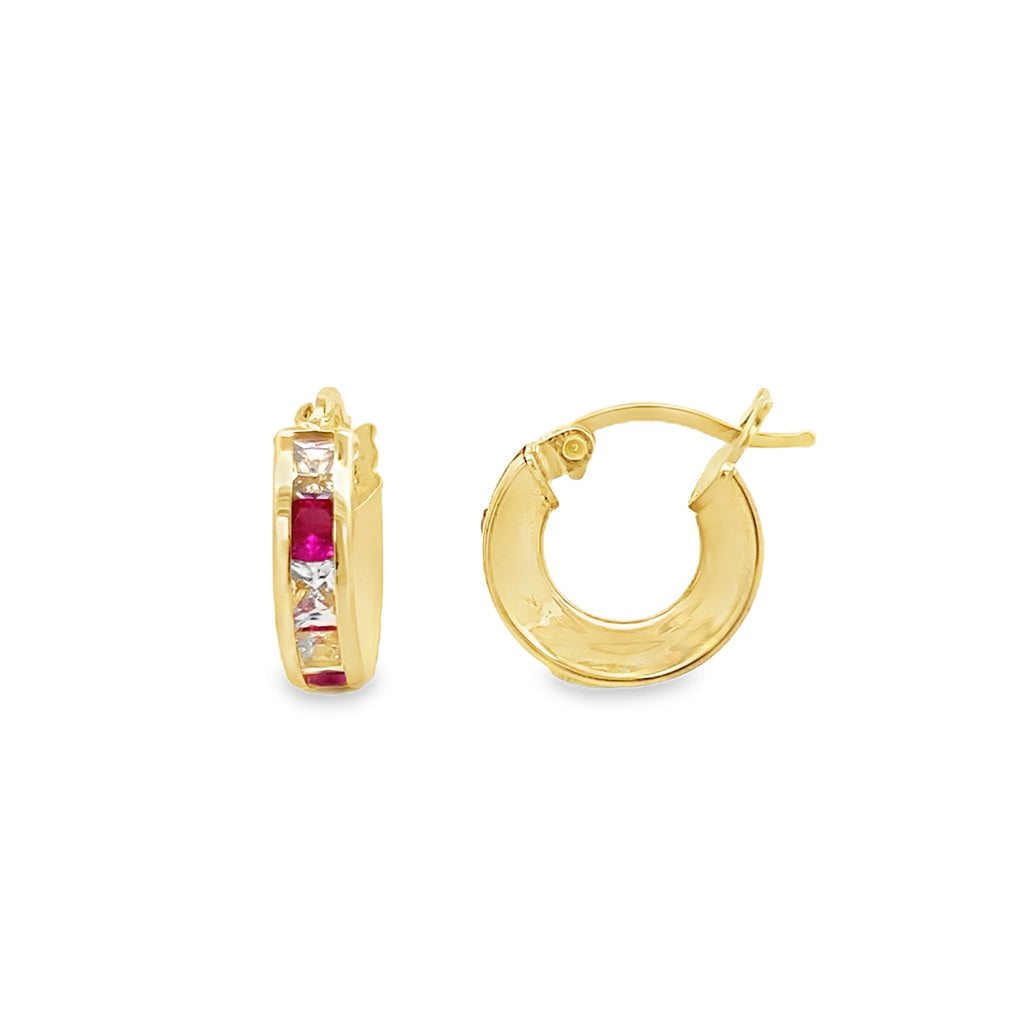 10K Yellow Gold Cz/Red Stone Baby Small Hoop Earring 0.9Dwt