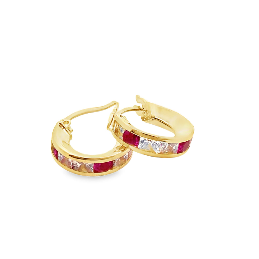 10K Yellow Gold Cz/Red Stone Baby Small Hoop Earring 0.9Dwt