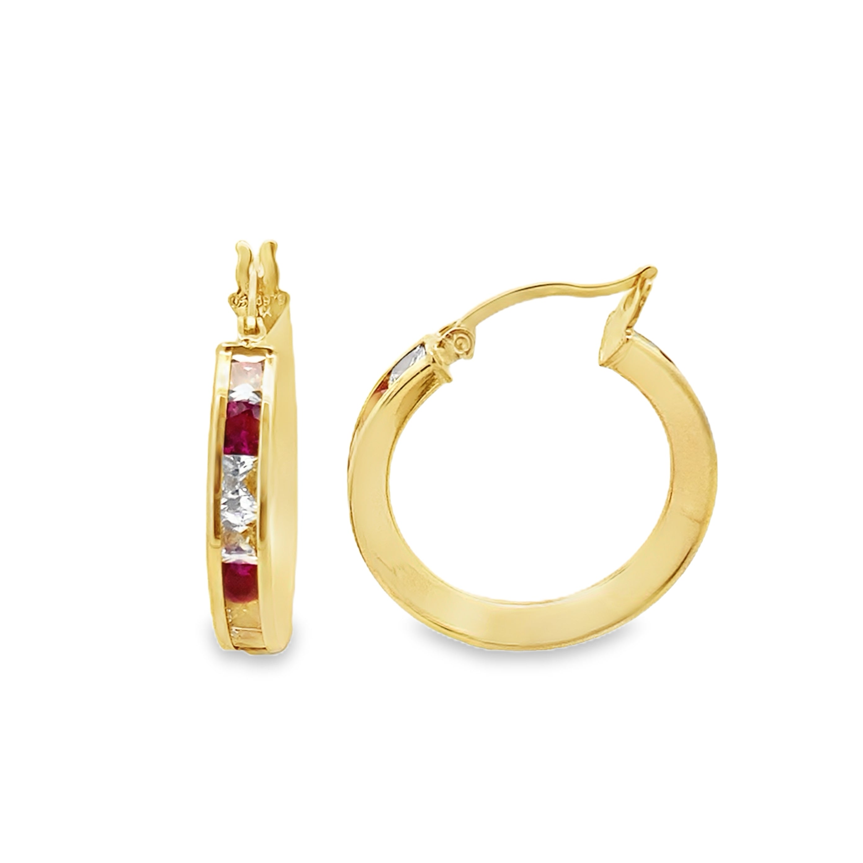 10K Yellow Gold Cz/Red Stone Large Hoop Earring 1.9Dwt