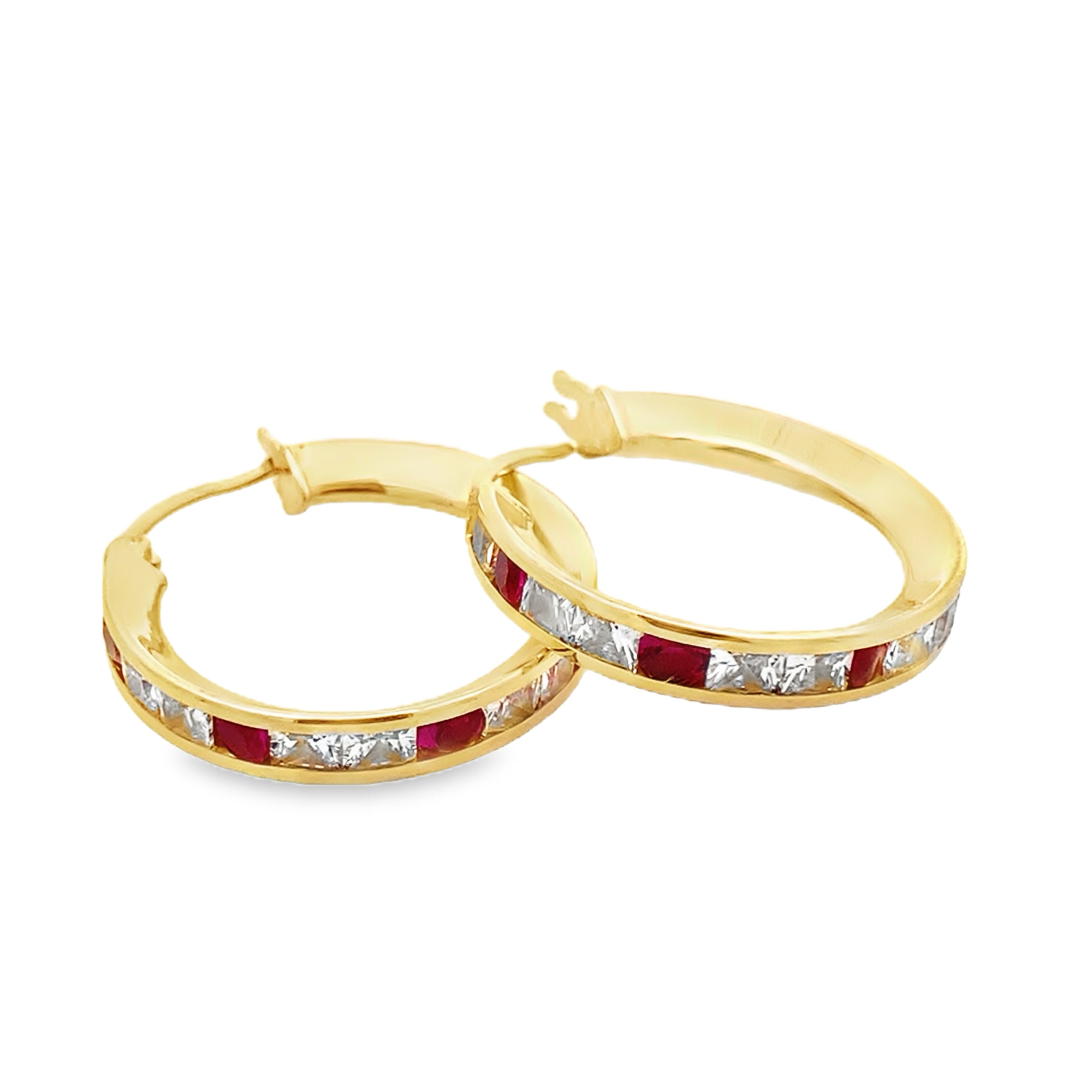 10K Yellow Gold Cz/Red Stone Large Hoop Earring 1.9Dwt