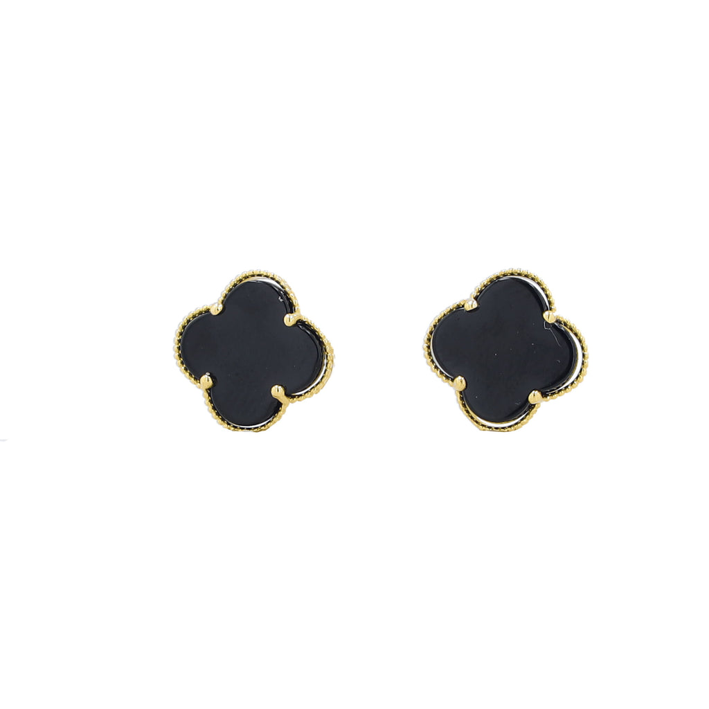 0K Yellow Gold Onyx Flowers Stud Earrings 1.0Dwt