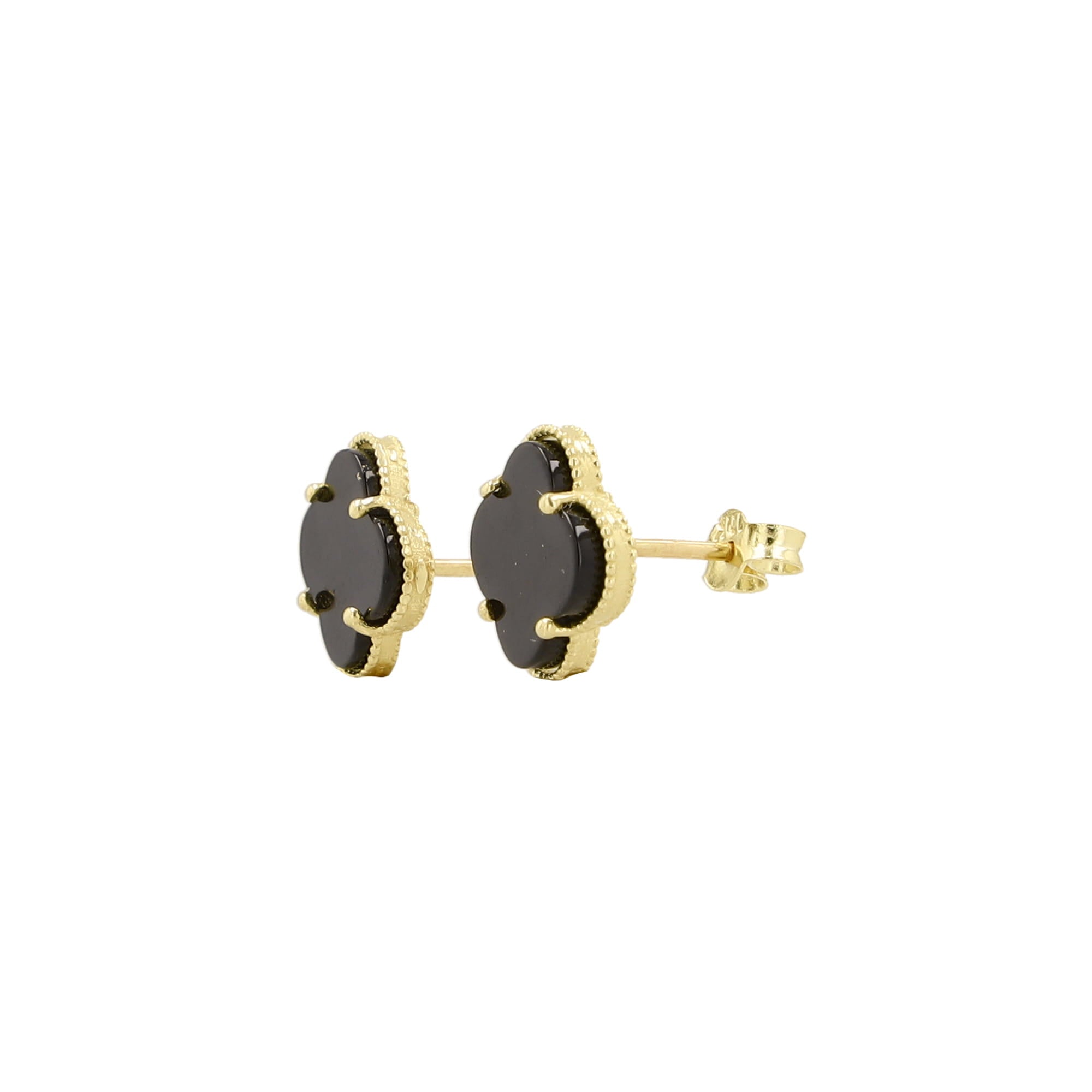 0K Yellow Gold Onyx Flowers Stud Earrings 1.0Dwt