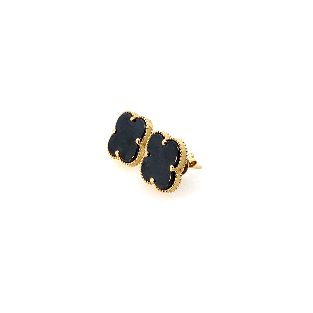 10K Yellow Gold Large Black Flowers Stud Earrings 2.2Dwt