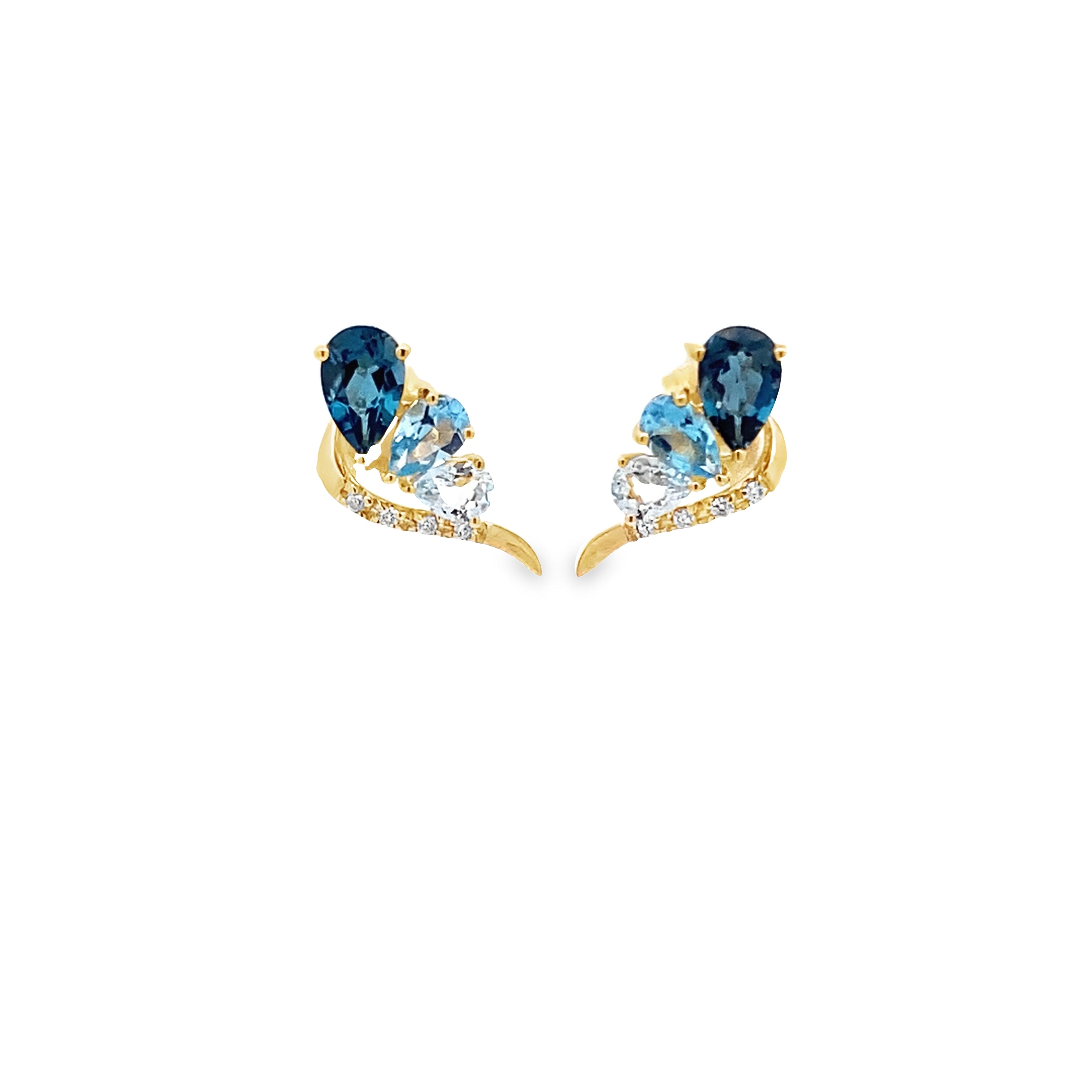 14K Yellow Gold Topaz Earrings 0.46Ctw Blue Topaz 0.46Ctw London Blue Topaz 0.45Ctw Sky Blue Topaz 0.09Ctw Diamond