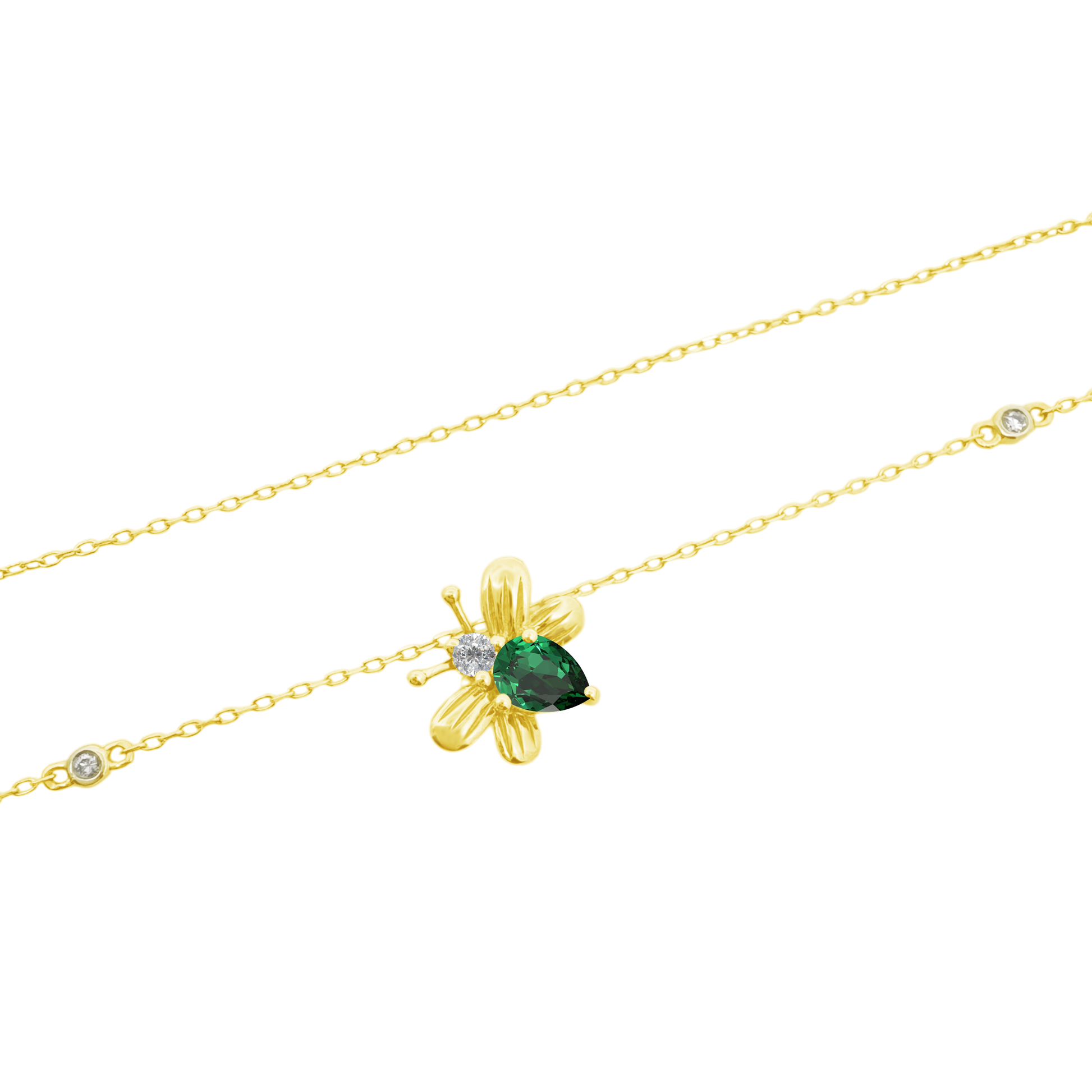 0.07Ct Dia 0.31Ct Em 14K Yellow Gold Dia & Emerald Bee Pendant Necklace 18In 1.1Dwt