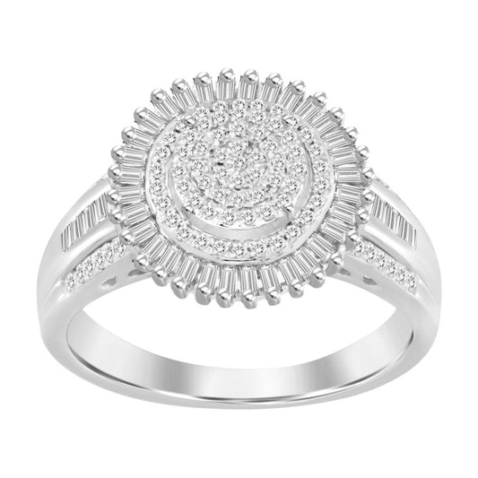 LADIES RING 0.50CT ROUND/BAGUETTE DIAMOND 10K WHITE GOLD