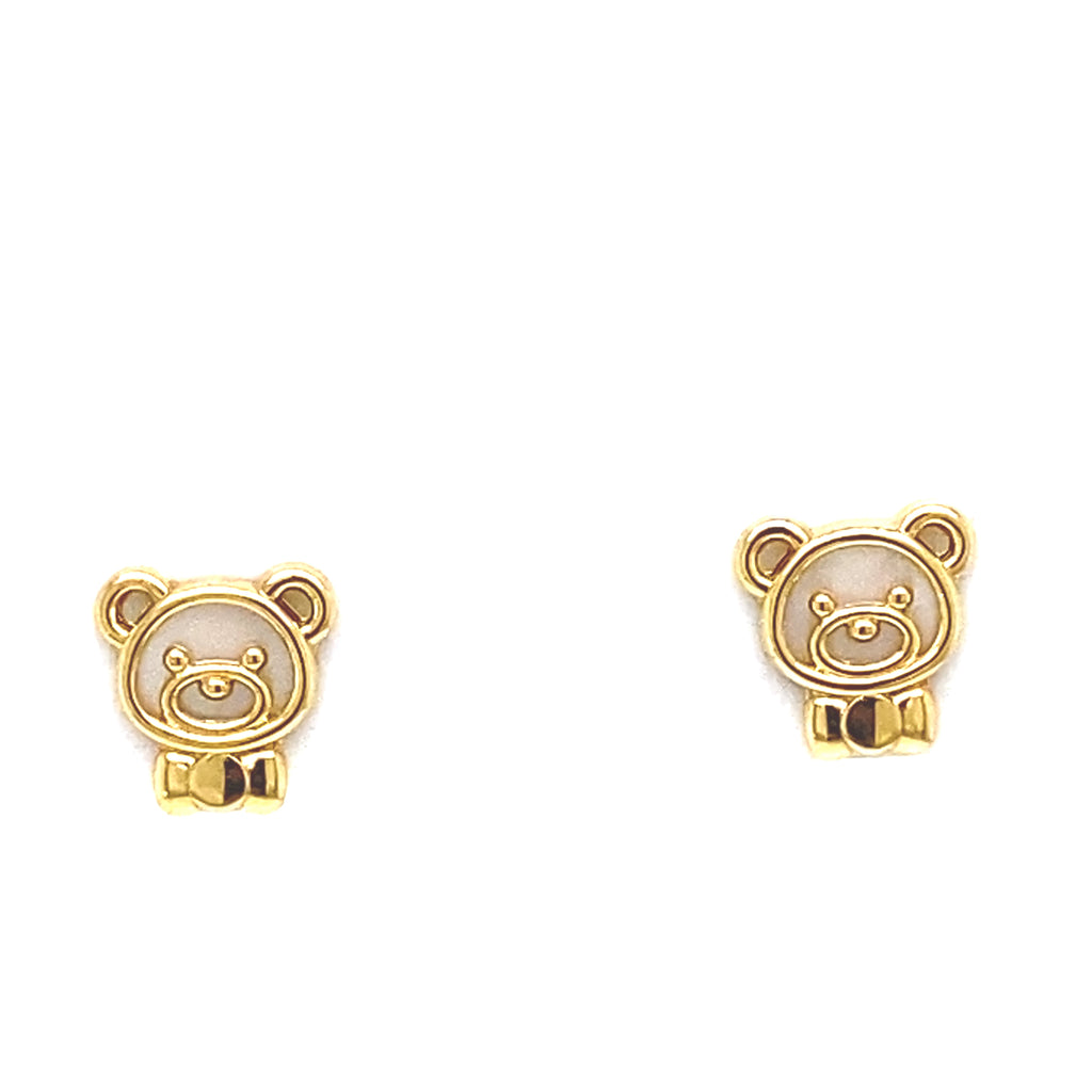 18K Yellow Gold Mother Of Pearl Bear Stud Earrings