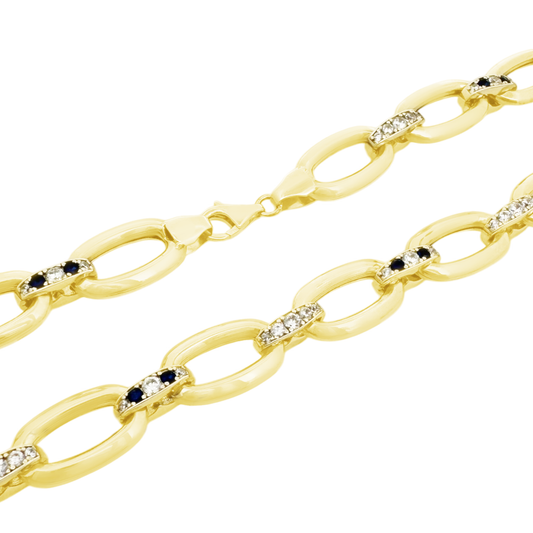 10K Yellow Gold Blue & White Cz Free Form Link Necklace 17.5In 19.7Dwt