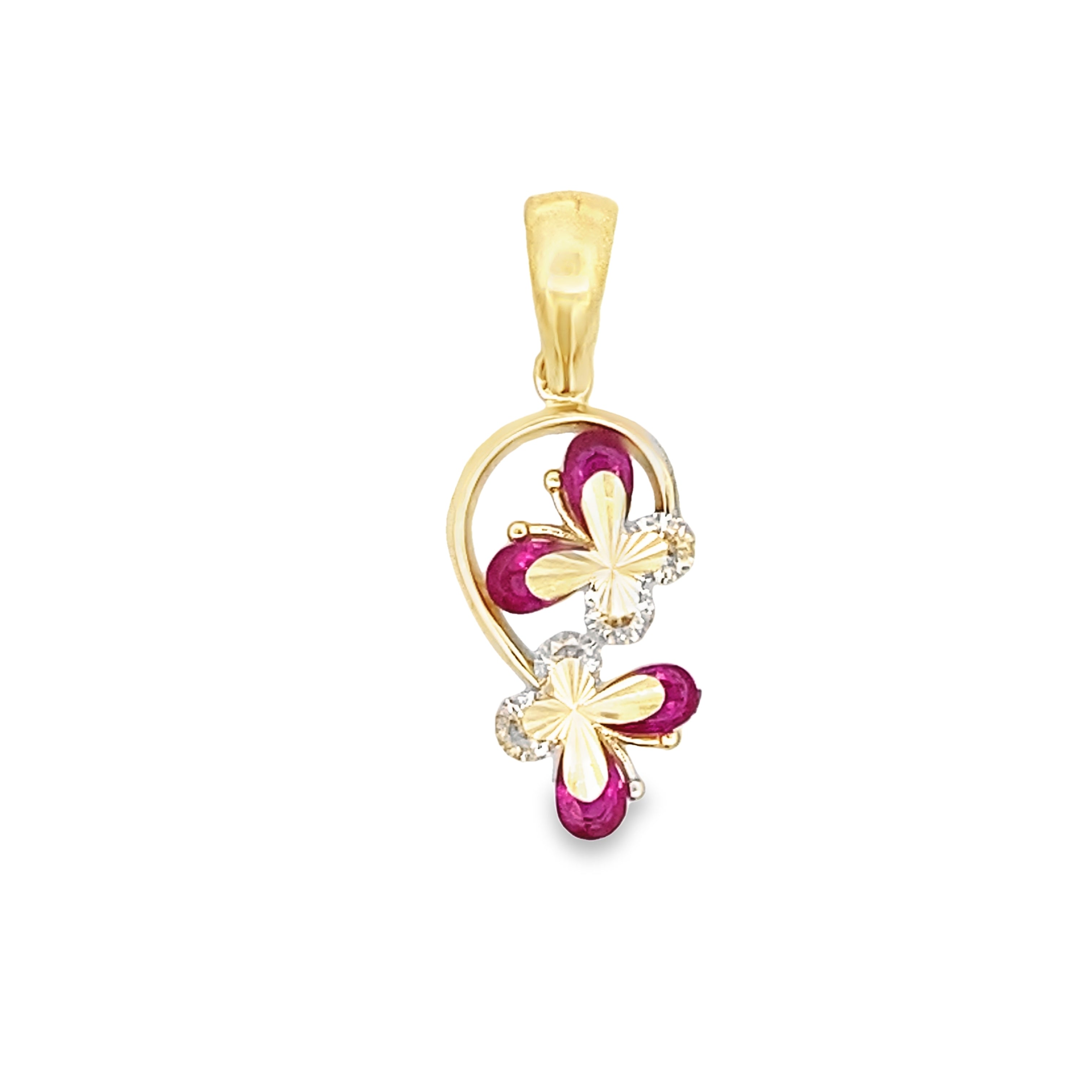 10K Yellow Gold Pink Butterflies Pendant 1.4Dwt