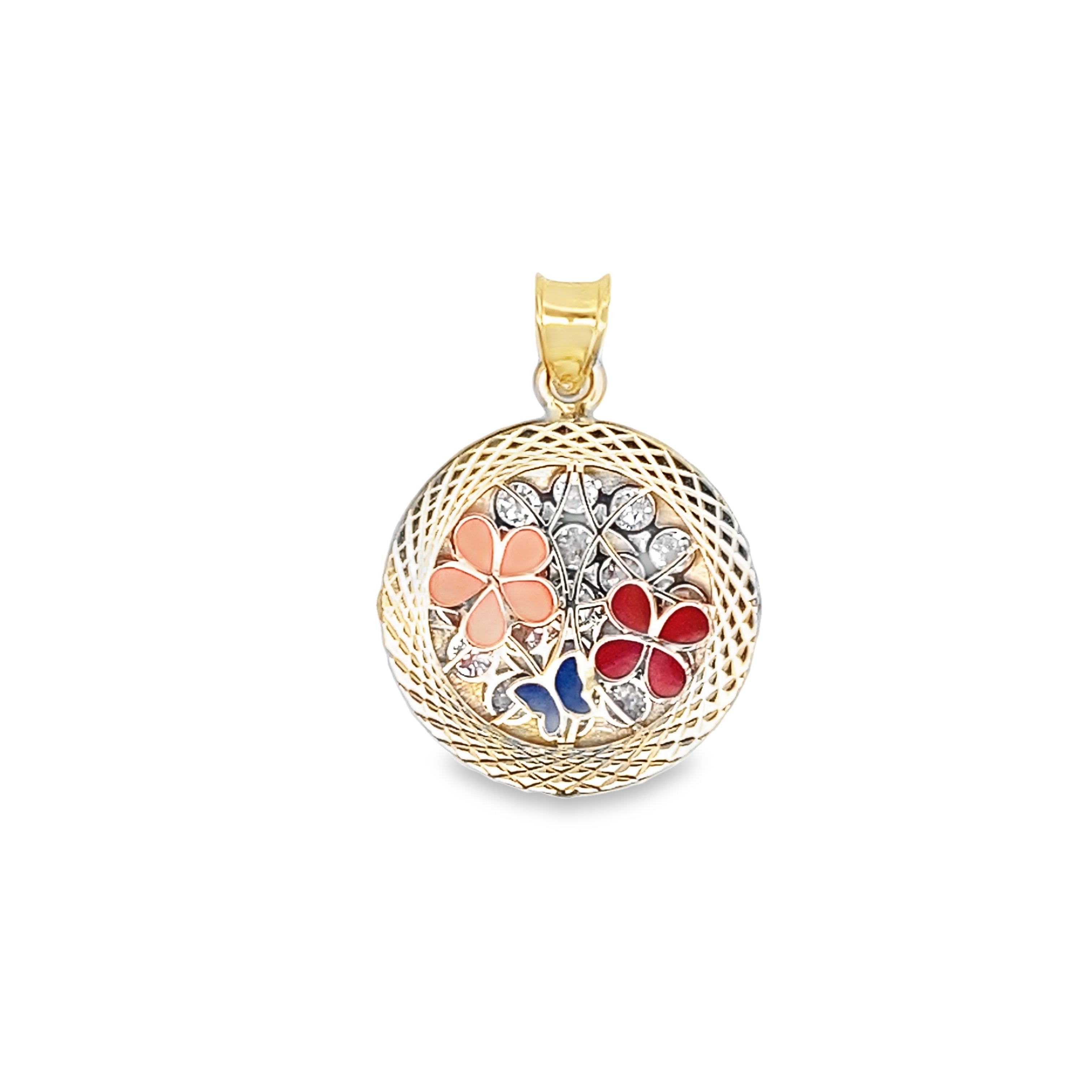 14K Yellow Gold Colorful Flowers &  Cz Pendant 1.1Dwt