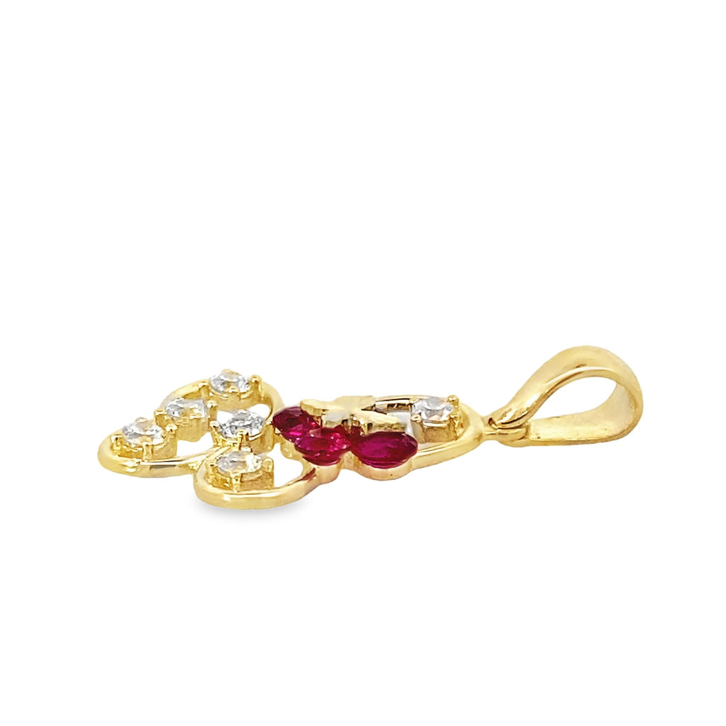 14K Yellow Gold Cz Red Butterfly Pendant 0.8Dwt