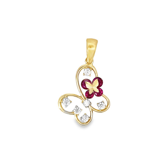 14K Yellow Gold Cz Red Butterfly Pendant 0.8Dwt