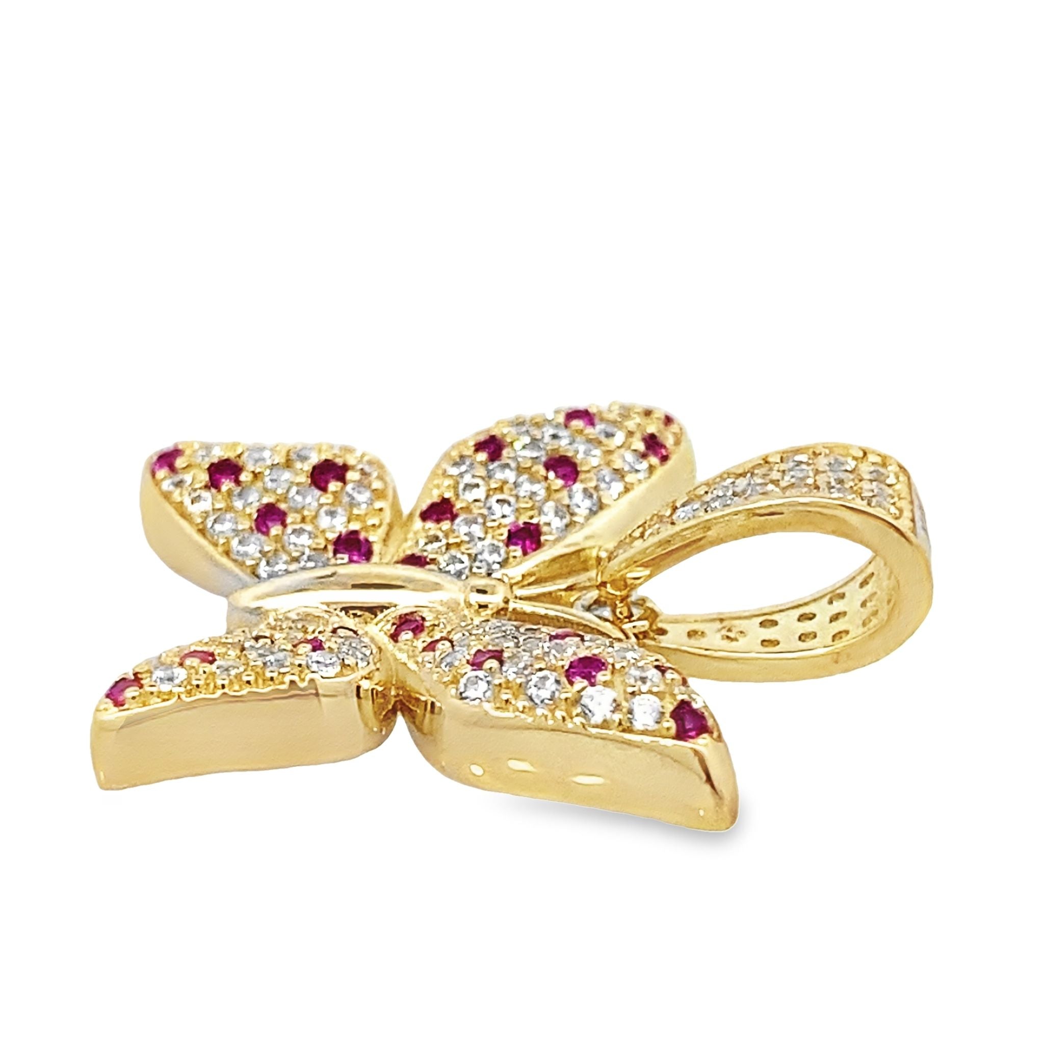 14K Yellow Gold Cz Red & White Butterfly Pendant 2.1Dwt