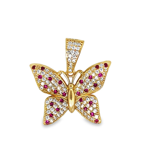 14K Yellow Gold Cz Red & White Butterfly Pendant 2.1Dwt