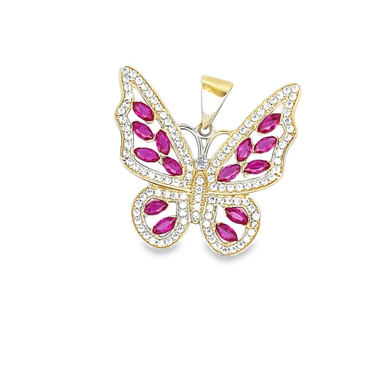 14K Yellow Gold Cz Red & White Butterfly Pendant 2.2Dwt