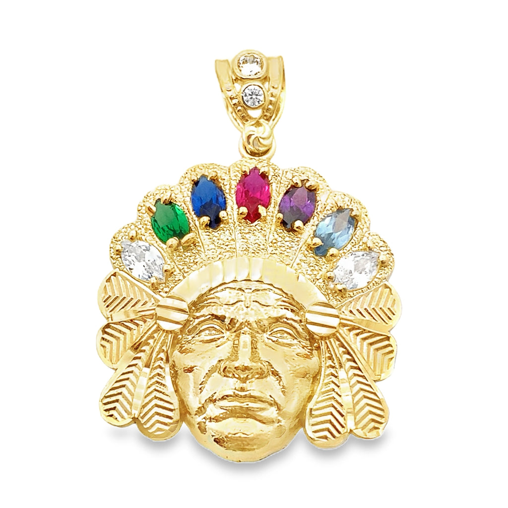 10K Yellow Gold Color Stones Indian Chief Pendant 3.5Dwt