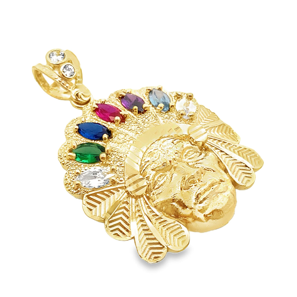 10K Yellow Gold Color Stones Indian Chief Pendant 3.5Dwt