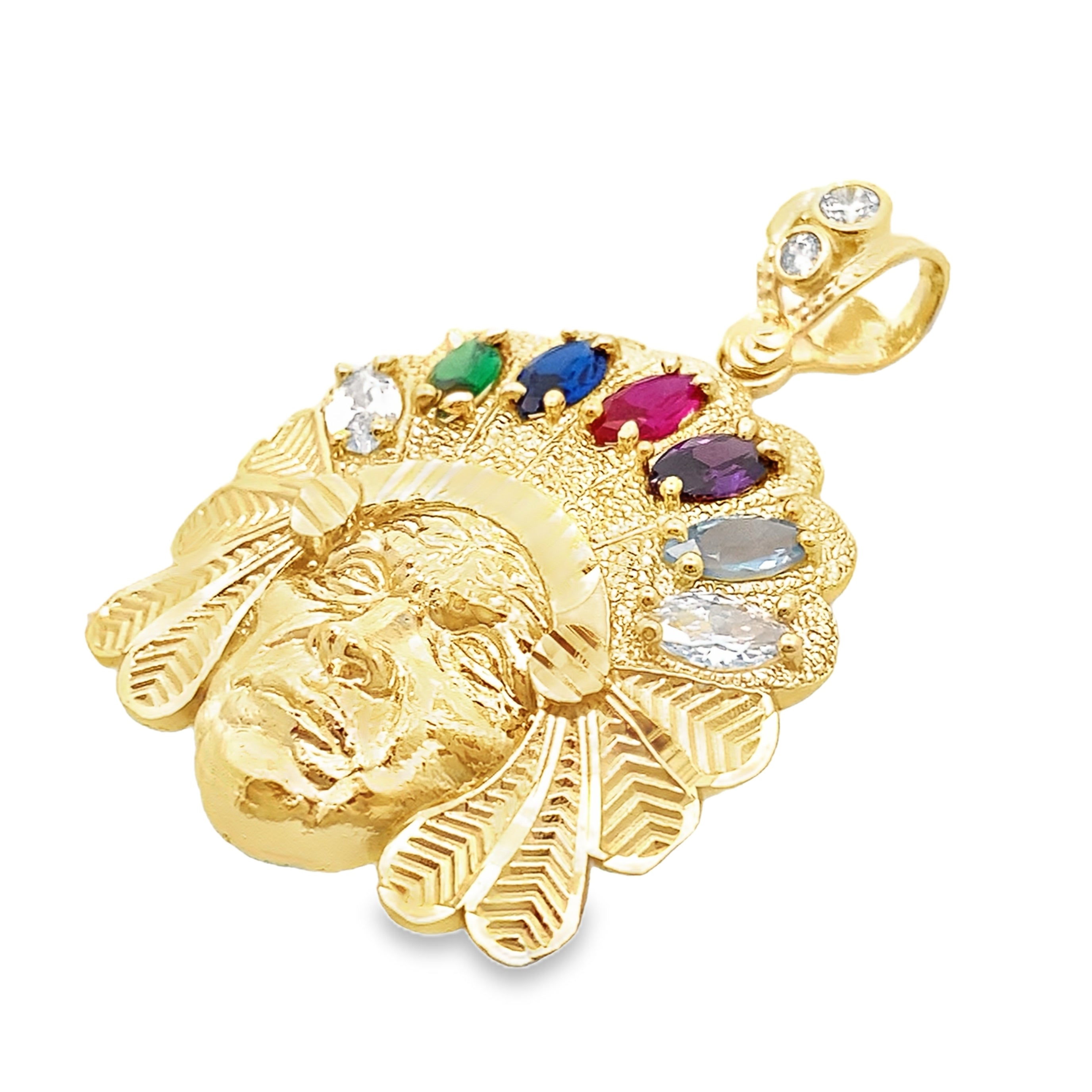 10K Yellow Gold Color Stones Indian Chief Pendant 3.5Dwt