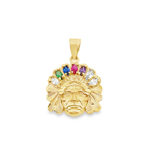 10K Yellow Gold Color Stones Small Indian Chief Pendant 1.0Dwt