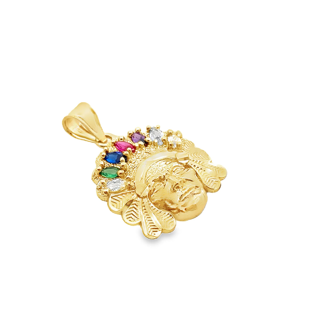 10K Yellow Gold Color Stones Small Indian Chief Pendant 1.0Dwt