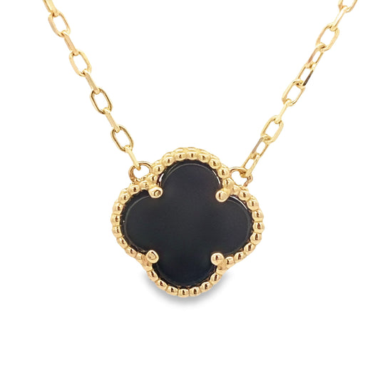 14K Yellow Gold Onyx Flower Necklace 18In